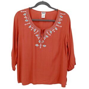 Gunit Fashions Embroidered Top Womens 2X Orange Boho Resort Coastal Cottagecore
